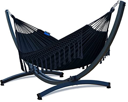 Potenza Outdoor Hängematte mit Verzinkter Tytan Gestell für 2 Personen I Baumwolle Doppelhängematte XXL 220x160, 200kg I Hängemattengestell 350 kg, wetterfest (Santia-Schwarz, Basic Gestell Graphit)
