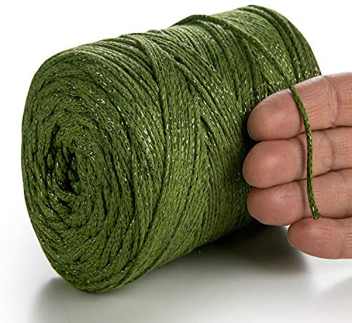 MeriWoolArt® Metallische Makramee Garn 2mm x 225m Farbig für Schnur Schmuckherstellung, Makramee Accessoires Schmuck - Boho Makramee Seil Garn - Glanz Lurex Recyceltes Baumwollgarn (Lurex Salbei)
