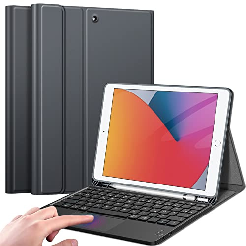 FINTIE Hülle mit Tastatur für iPad 9./8./7. Generation (10.2 Zoll) | Magnetisch abnehmbare deutsche Bluetooth-Tastatur mit Touchpad, weiche Schutzhülle mit Stifthalter, Space Grau