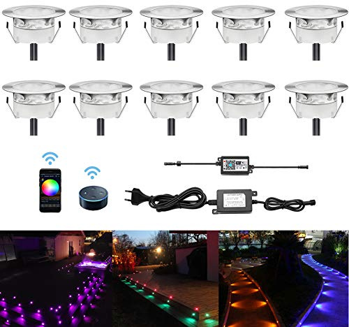 CHNXU 10er Set LED Treppen Bodeneinbaustrahler RGB WiFi IP67 Wasserdicht Aussen Terrassen Einbaustrahler Kompatibel mit Amazon Alexa, Google Home, Ø60mm LED Bodeneinbauleuchten Steuerbar via App