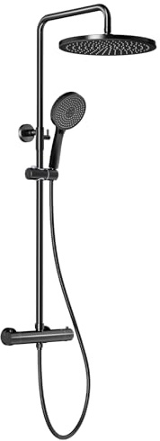 Rainsworth Duschsystem med termostat, Φ 30 cm rund regndusch, duschset vattenbesparande, 5 stråltyper duschhuvud, 92–126 cm duschstänger regnskog dusch komplett för dusch, svart, RW-2221