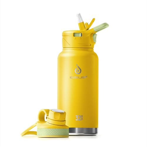 IDEUS Bouteille d'eau isotherme en acier inoxydable à double paroi en métal avec bouchon à vis anti-fuite (jaune) 950 ml