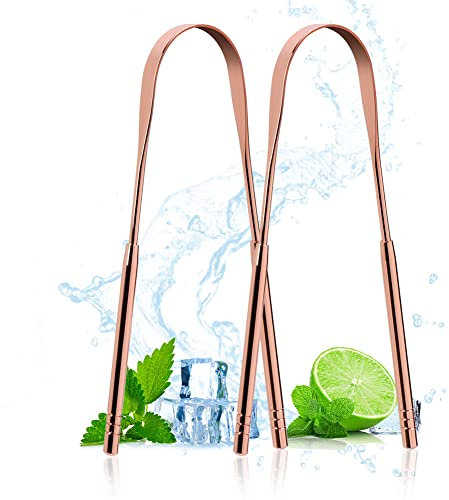 ACWOO Limpiador de Lengua, 2 Pieces Forma de U Limpiador Lingual Acero Inoxidable, Raspadores de Lengua, Raspador de Lengua Limpiador, para Reduce el Mal Aliento y Higiene Bucal (Oro Rosa)