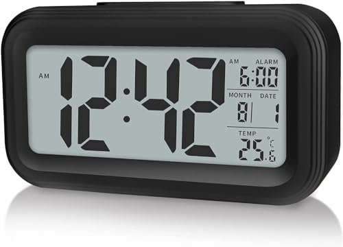 Upgraded Digital Alarm Clock, 4.3 LED Display with Temperature Larger Lound Light Control Portable Snooze Calendar Brightness with Battery Powered Alarm Clocks Bedside for Everyone (Black)