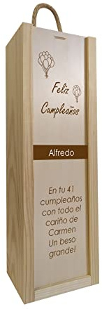 Deliex delicias de Extremadura. Regalos para cumpleaños personalizado con nombre y texto que quieras indicar, caja de madera para botella personalizada, regalo original (Para 1 botella, GLOBOS)