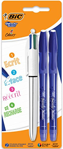 Bic Gel-ocity Illusion - 4 Colour Pen + 2 Blue Erasable Gel Pens - Blister Pack of 3 Pens