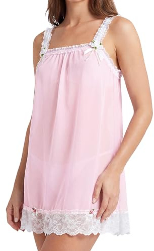 Satini Nattlinne Babydoll Transparent Spets Rosor, Babyrosa - Vit, L