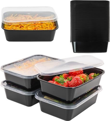 Coselena 50Pcs Black Plastic Food Storage Containers With Lids - 650ml Meal Prep Boxes for Microwave and Freezer Use