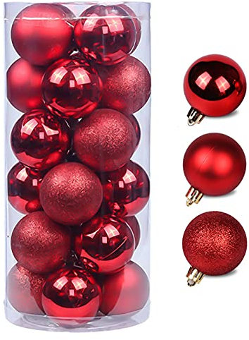 Weihnachtskugeln Christbaumkugeln 24 Stück Ø 6cm Kunststoff Glänzend Matt Glitzer Christbaumschmuck Anhänger Weihnachtsbaumkugeln für Urlaub Hochzeit Party Dekoration Weihnachtsdeko (Rot)
