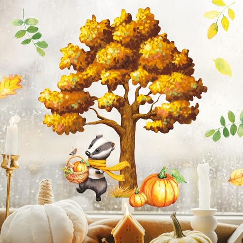 Fensterbild Herbst Eiche Dachs mit Schal Kürbis Blätter Herbstblätter wiederverwendbare Fensteraufkleber, 1. A4 Bogen
