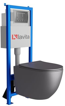 Lavita LAV 101 Vorwandelement für WC 40cm + Wand Hänge Tiefspül WC SINTO Grau Spülrandlos + Bedienplatte LAV 200.1.3 Satin | Komplettset | Unterputz Spülkasten | Toilette Komplett Sett