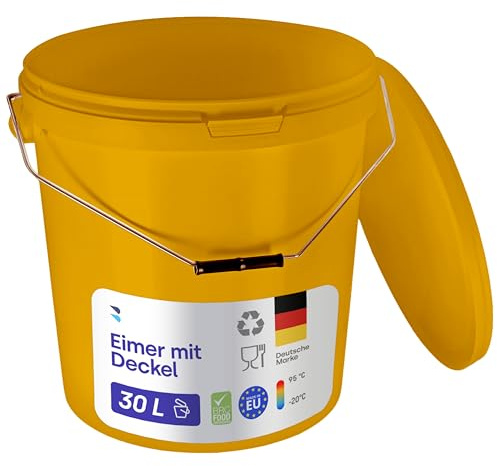 BenBow Secchio con coperchio, 30 l, giallo, 5 x 30 litri - Alimentare stabile ermetico a prova di perdite neutro inodore contenitore in plastica con manico in metallo vuoto - per uso domestico