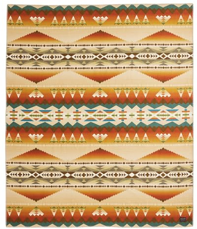 Pendleton Jacquard Unnapped Twin Blanket 64 x 80 - Heirloom Quality Virgin Wool, Reversible, Reinforced Ultrasuede Binding, Made in USA - Solstice Canyon