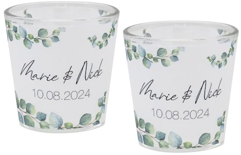 ZauberDeko Windlicht Banderole Eukalyptus Grün Kerzenglas Votivglas Hochzeit Geburtstag PERSONALISIERT 7,5cm Hoch, Menge:2 Stück