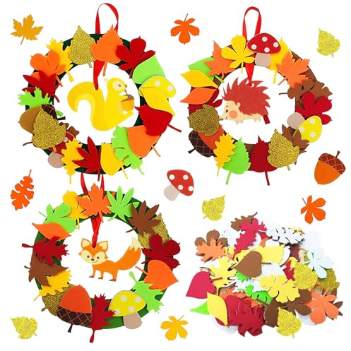 Herbst Basteln für Kinder, Filz Bastelset Herbst, mit Herbstkranz Igel Eichhörnchen Fuchs Herbstblätter Kreatives Set, DIY Tier Dekoration Anhänger, für Herbst Thanksgiving Thema Party Bastelbedarf