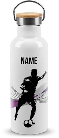 PR Print Royal Edelstahl-Trinkflasche für Sportler mit Name selbst gestalten - Fußball - Geschenk Sportler, Personalisierte Fußball Geschenke für Männer | Thermosflasche Weiß, 500 ml