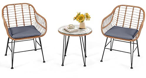 COSTWAY 3tlg. Bistroset 2 Rattanstühle & Hartglas Beistelltisch & Sitzkissen, Rattan Balkonset Sitzgarnitur, Gartengarnitur Gartenmöbel Sitzgruppe