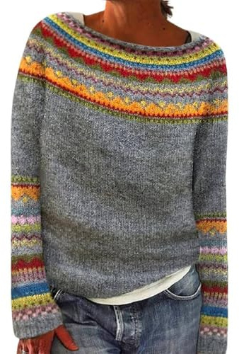 SDERG Wool Jumper Crew Neck Fair Isle Jumpers for Women UK Long Sleeve Womens Jumpers Soft Warm Classy Nordic Knitwear Fairisle Jumper Plus Zize Christmas Jumpers for Women
