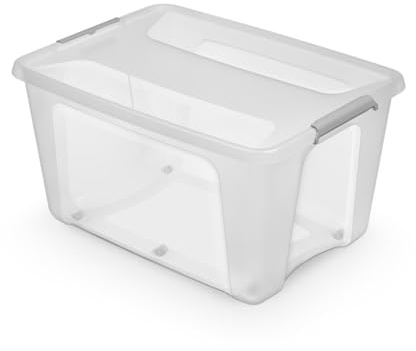 Kreher® Aufbewahrungsbox mit Deckel (1x140L) Robuste Transportbox, Kleiderbox, Kunststoffbox mit Deckel und Rollen, Stapelbar, lebensmittelecht und BPA-frei! Aus Kunststoff in Transparent