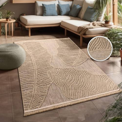 Paco Home Hochwertiger Outdoor Teppich Wetterfest & Pflegeleicht Jute-Sisal-Optik mit Fransen & Hoch-Tief-Effekt Langlebig für Terrasse, Balkon, Garten & Küche, Grösse:120x160 cm