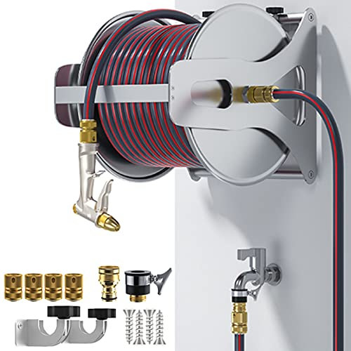 Stainless Steel Garden Hose Reel with 10/15/20/30M Hose, Wall Mounted Hand Crank Water Pipe Reel Hose Storage Holder with 5 Pattern Hose Nozzle and Mounting Accessories (B 10m)