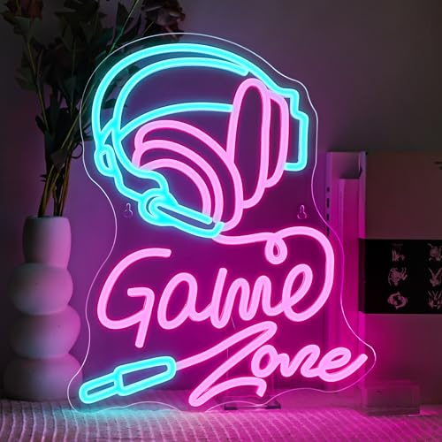 SIGNSHIP Headset Game Zone Neon Schild, Gaming Led Schild für Wanddekoration, Neon Sign Zeichen Licht Headsets Spiele, Leuchtschild Wand Dekor für Schlafzimmer,Spielraum Gaming Deko,Jungen Geschenk