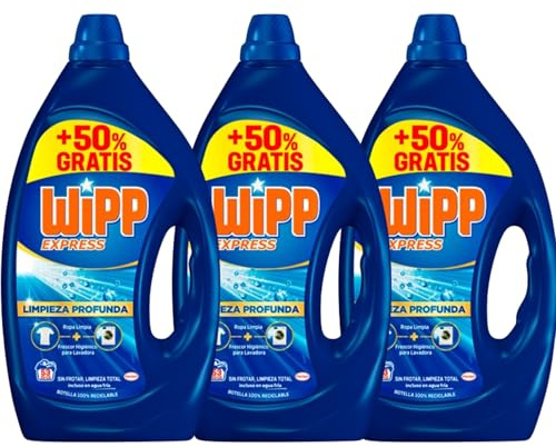 Wipp Express Limpieza Profunda Plus Frescor Activo, Detergente Liquido para Lavadora, 53 lavados - Pack de 3 - Total 159 lavados - Total 7,15 Litros