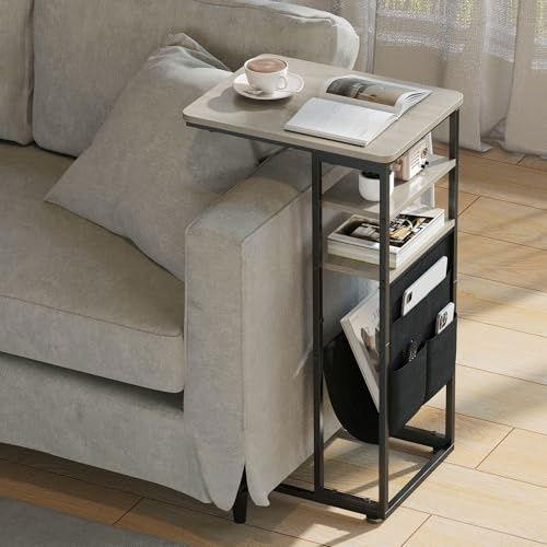 ZEXVIDA C Shaped End Table, 3 Tier Sofa Side Table with Storage Bag, Sturdy Slide Under Sofa Slim End Table with Metal Frame for Small Spaces, Living Room, Bedroom, Industrial (Oak)