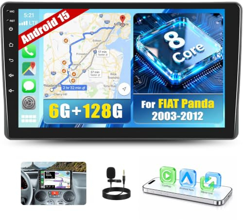 OiLiehu 6+128G 8 Core Android 13 Autoradio per FIAT Panda 2003-2012 CarPlay Android Auto Autoradio con Schermo 9 pollici con Bluetooth GPS FM RDS WiFi SWC DSP/EQ Telecamera Posteriore