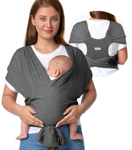 Momcozy Baby Tragetuch Neugeborene Schnalle, einfach zu tragenes Babytragetuch im T-Shirt-Design,für Babys von 3,6-15kg, verstellbares Schnallen-System für Taillenumfang von 76,2-119,4 cm, Grau
