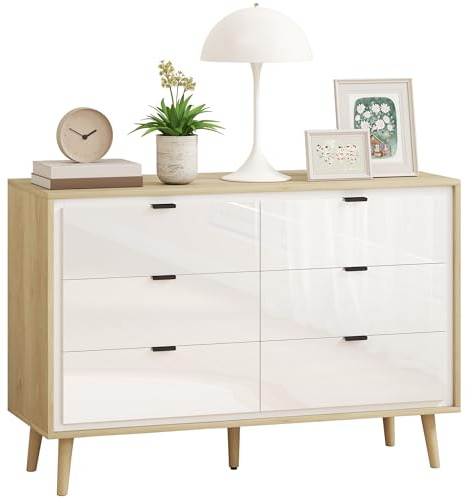HOMCOM Cassettiera Camera da Letto 6 Cassetti, Como Camera da Letto con 5 Gambe in Legno e Maniglia, Cassettiera Salvaspazio per Ingresso, Soggiorno e Corridoio, 110x40x75 cm, Bianco Lucido e Rovere