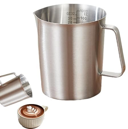 Xtrillogen 1L Messbecher mit Markierung und Griff,Messbecher Edelstahl mit Ausgießlippe,Tropfschutz Milchkännchen Edelstahl,Robuster Measuring Cups in OZ und ML,für küchen,Restaurants,Bars,Cafés
