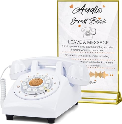 FiayaCom Audio Guest Book Wedding Phone,32GB Memory Customized Audio Messages, Volume Adjustable, with Message Replay Feature, Suitable for All Kinds of Party(White+Golden Sign)