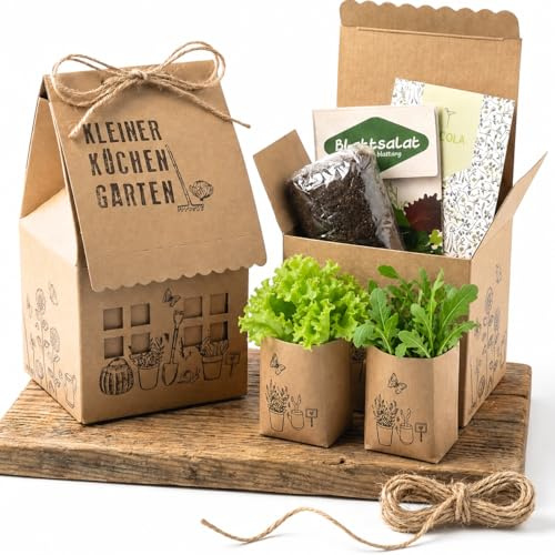 Anzuchtset Küchengarten Hochbeet Pflücksalat Rucola Salat Gartenhaus | Anzuchtset mit Pflücksalat, Rucola und Pflanzerde - für Garten, Balkon & Hochbeet, nachhaltige Geschenkidee für Hobbygärtner