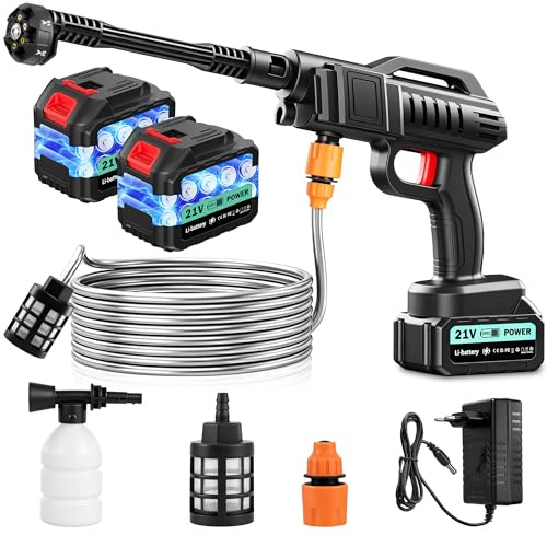 Yelyee Nettoyeur Haute Pression sans Fil 21V 100 Bar, Portable sur Batterie avec 2 x 3000mAh Lithium, Buse 6-en-1, Tuyau 5M, 270L/H – pour Auto, Sol, Terrasse et Fenêtre