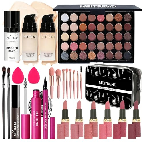 Make Up Set, All In One Makeup Kit, Kosmetik Geschenkset für Damen Mädchen mit 40 Colors Lidschatten Palette, Foundation & Face Primer, Matte Lippenstift Set, Mascara Eyeliner Augenbrauenstift Pinsel