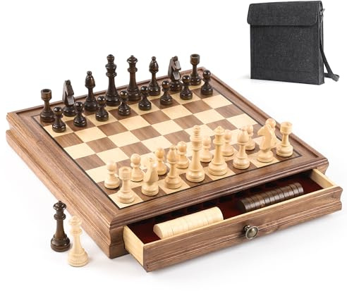 30 cm svart valnöt magnetiskt schackset med låda, 2-i-1 schack- och schackbrädspel i trä, 2 extra drottningar, 24 schackpjäser, bärväska, reseschack set