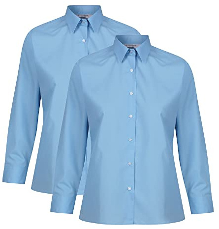 Trutex Girls Blue School Shirts Long Sleeve – 2 Pack School Blouses for Girls, Non Iron School Uniform Shirts, Standard Fit Girls School Shirt (Age 9-10)