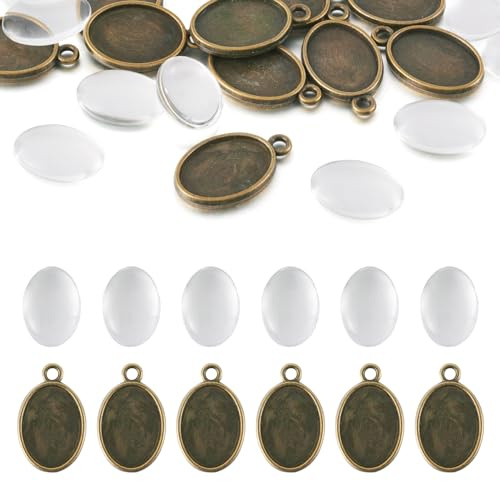 Pandhall Tibetische flache ovale Legierung Anhänger Tabletts Antike Bronze Anhänger Cabochon Fassung mit ovalen klaren Glas-Cabochons, Tabletts 13 x 18 mm, 10 Stück