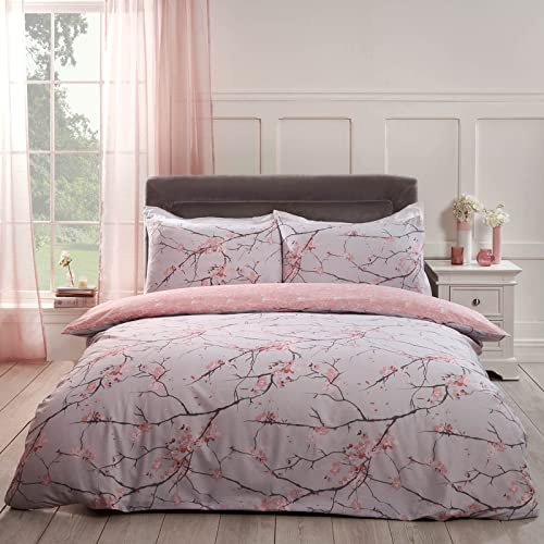Dreamscene Double Duvet Set, Cherry Blossom Bedding Super Soft Cosy Warm Luxurious Stylish Reversible Double Bed Set with Matching Pillowcases - Pink Bedding