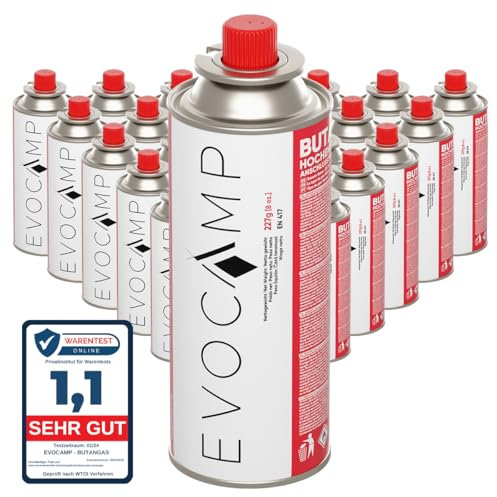 EVOCAMP 28x Stück Butan Gaskartuschen 227g Typ MSF-1a Bajonett Ventil ideal für Campingkocher, Gasheizung, Unkrautbrenner, Camping Gas Butangas Kartusche, Universaldruckgasdose für Camping und BBQ