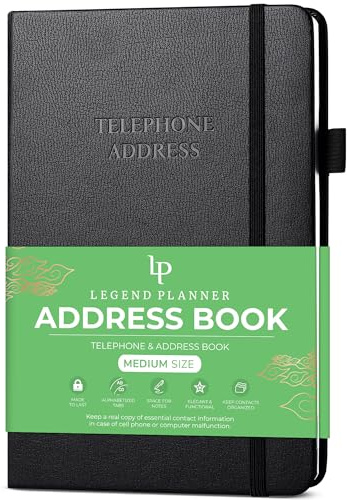 Legendplanerare adressbok med alfabetiska flikar – telefonkontaktbok för telefonnummer, adresser, lösenord, medium (svart)