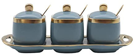 YRHH Tarro De Cerámica para Especias, Recipiente De Cerámica para Alimentos, Tarro De Almacenamiento De Alimentos con Tapa, Cuchara Y Bandeja para Té, Café, Especias, Caja De Condimentos, Salero-C