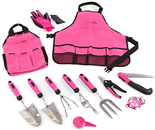 SIXTOL Garden PINK 12 Gartenwerkzeug Set | 12 STK. Garten Zubehör aus Edelstahl | Gartenschürze als Geschenk Frauen | Für Gärtner | Gartengeräte mit Aufbewahrungstasche | Blumenschere, Gartenkralle