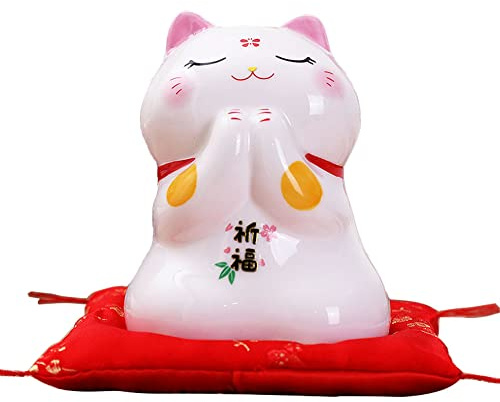 realideas Glückskatze, Glückskatze, 10,7 cm, Porzellan, Maneki Neko, Glückskatze betende Katze, Statue, Münzbank, Heimdekoration, Ornament, Feng Shui Figur