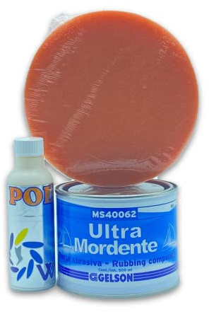 Kit de abrillantado para embarcaciones de coche y moto – Pasta abrasiva de agua Gelson Ultra Mordente MS40062 500 ml, Polish Finish 125 ml Waga Paint Tecniques, Tampón para pulidora