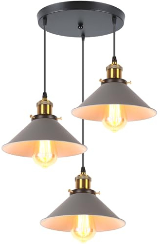iDEGU Retro 3-flammige Pendelleuchte, Industrial Hängelampe E27 Deckenleuchte Metall Lampenschirm 22cm Design Edison Vintage Lampe Hängeleuchte für Küche Esszimmer Schlafzimmer Flur (Grau)
