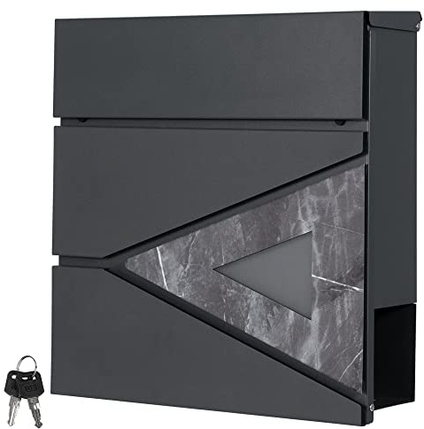 ML-Design Cassetta Postale Montaggio a Parete Muro Esterno 37x36,5x11 cm in Acciaio Antracite/Aspetto Marmo Nero Buca delle Lettere con Scomparto Porta Giornali Stile Moderno con Serratura e 2 Chiavi