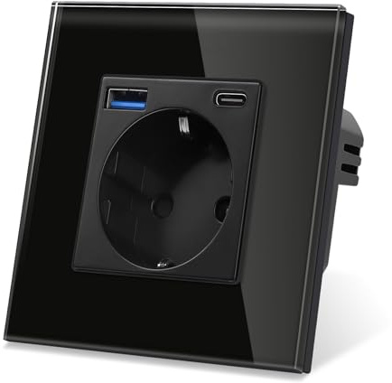 CNBINGO Steckdose mit 1x USB-C/A, 20W Schnellladen, 1-Fach Schwarz Glas