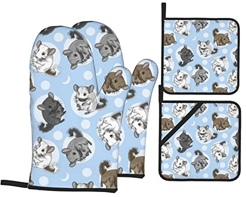 Ensemble de gants de four et maniques pour barbecue - Résistants à la chaleur - Fournitures de cuisine - Chinchillas bleus et lune
